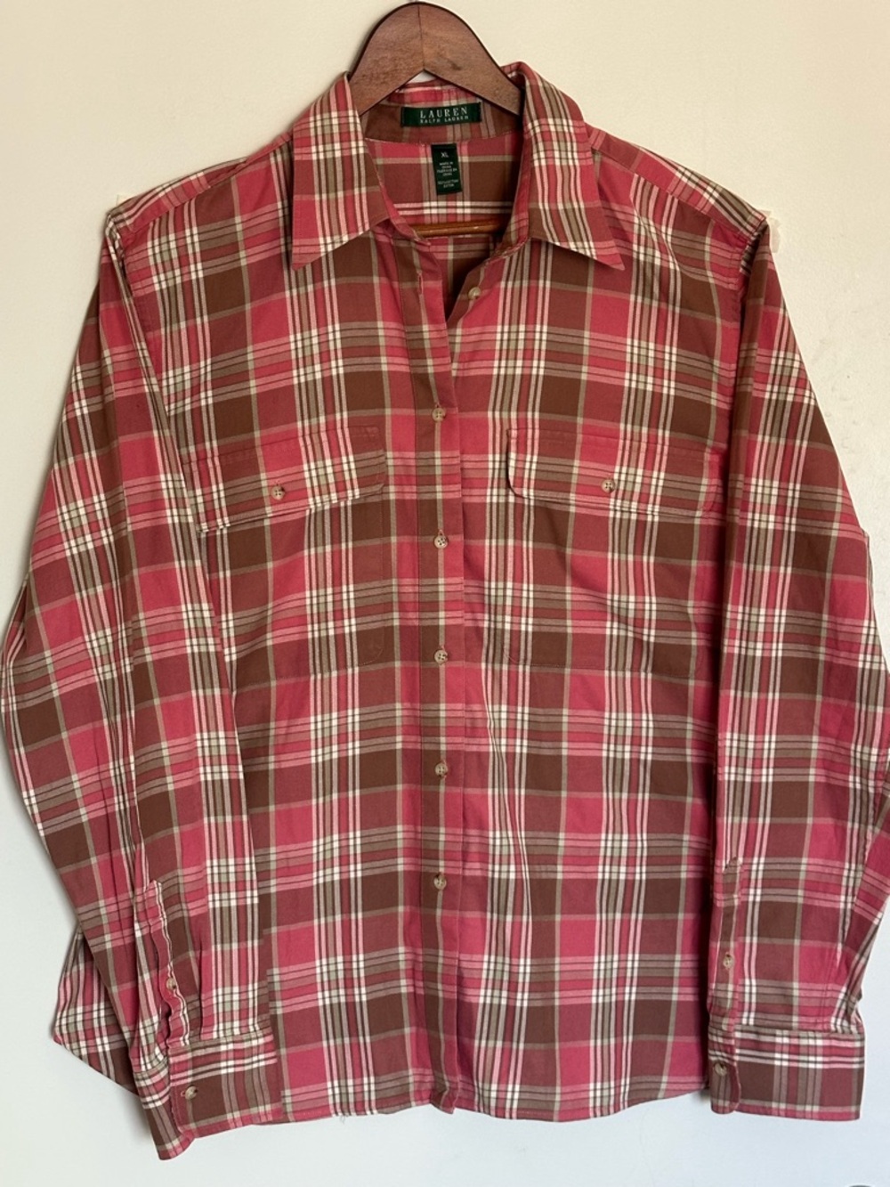 Lauren Ralph Lauren Pink and Brown Plaid Button-Down Shirt 100% Cotton Size XL